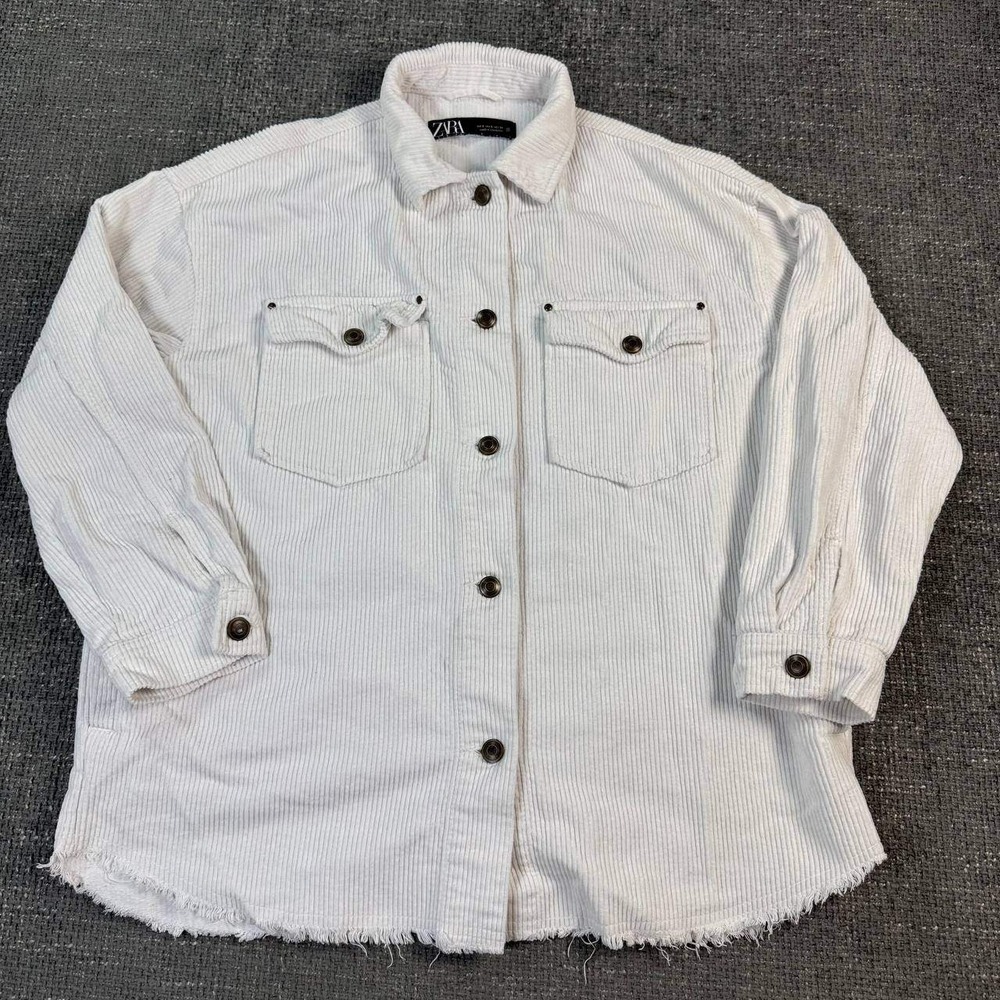 Zara Corduroy Shacket Women Small White Oversized Raw Hem Button Up
